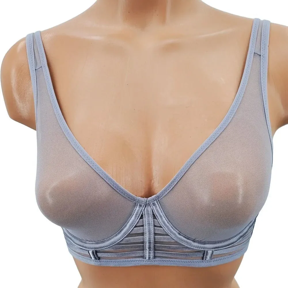 Victoria's Secret Unlined Plunge Mesh Sheer Sexy Light Gray Bra Size 32 C New